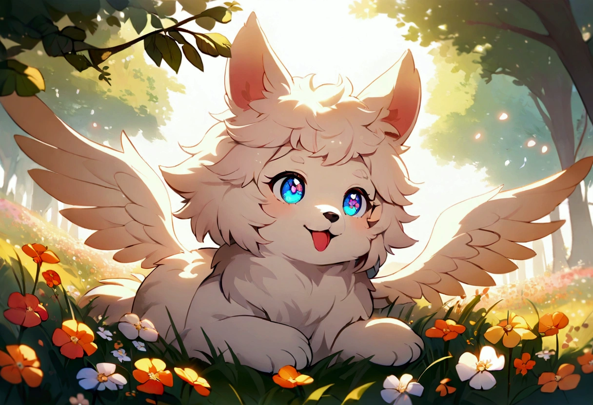 (ultra detailed), a striking and captivating full-size portrait of a female anthro flying puppy, with wings as colorful as a rainbow, soft and fluffy fur, bright, sparkling eyes filled with curiosity, posed mid-flight, suspended in mid-air, showcasing her playful nature, with a pair of small paws balanced delicately, detailed background depicting a whimsical and fantastical forest landscape, with hidden treasures and mysterious creatures, trending on artstation, cenematic lighting, an enchanting aura surrounding her, detailed eyes, a hint of a smile, showcasing her innocence and joy