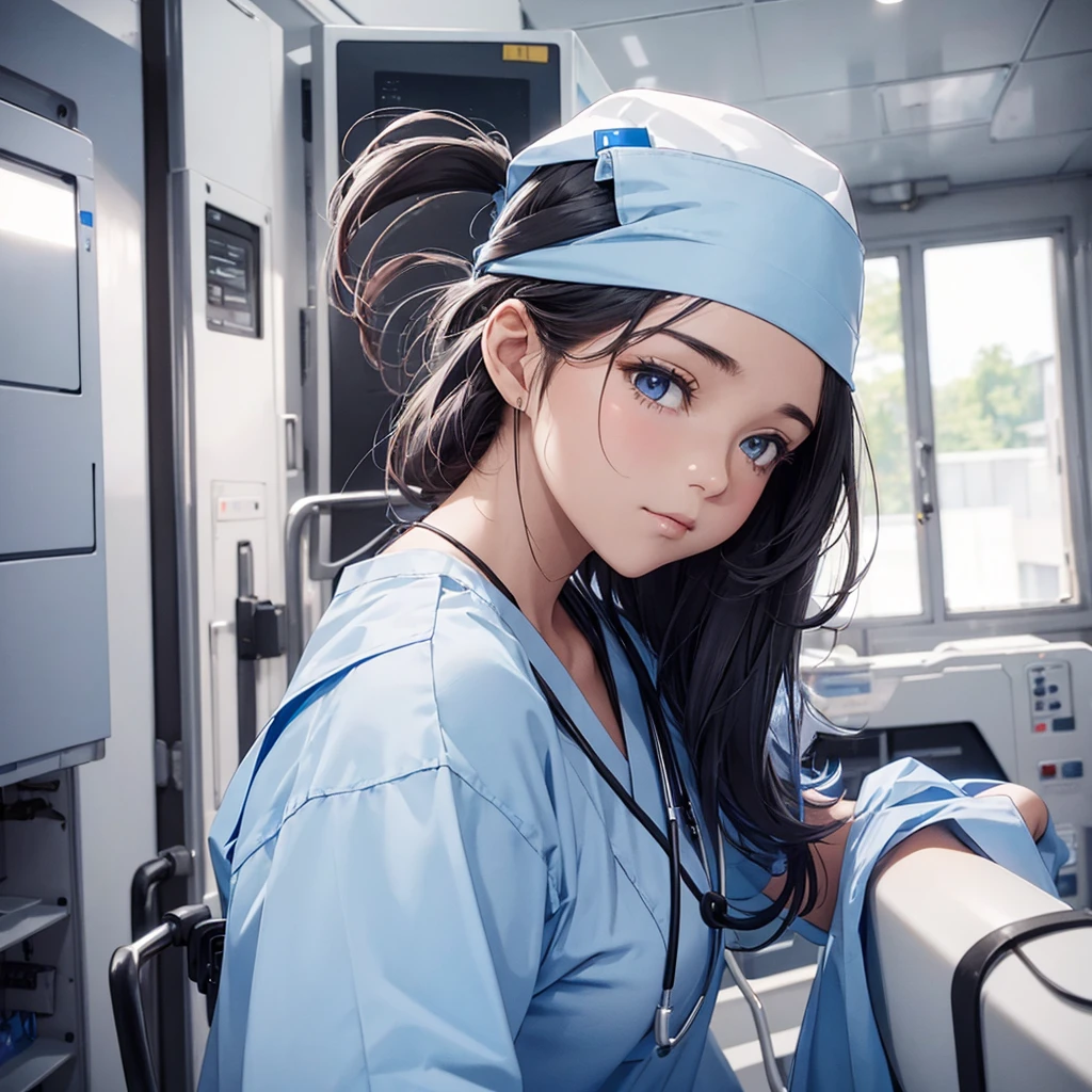 nursing aide,one girl,solo,blue or white scrubs,not wearing a hat or cap, I can't get my head out of the picture, Facing forward.