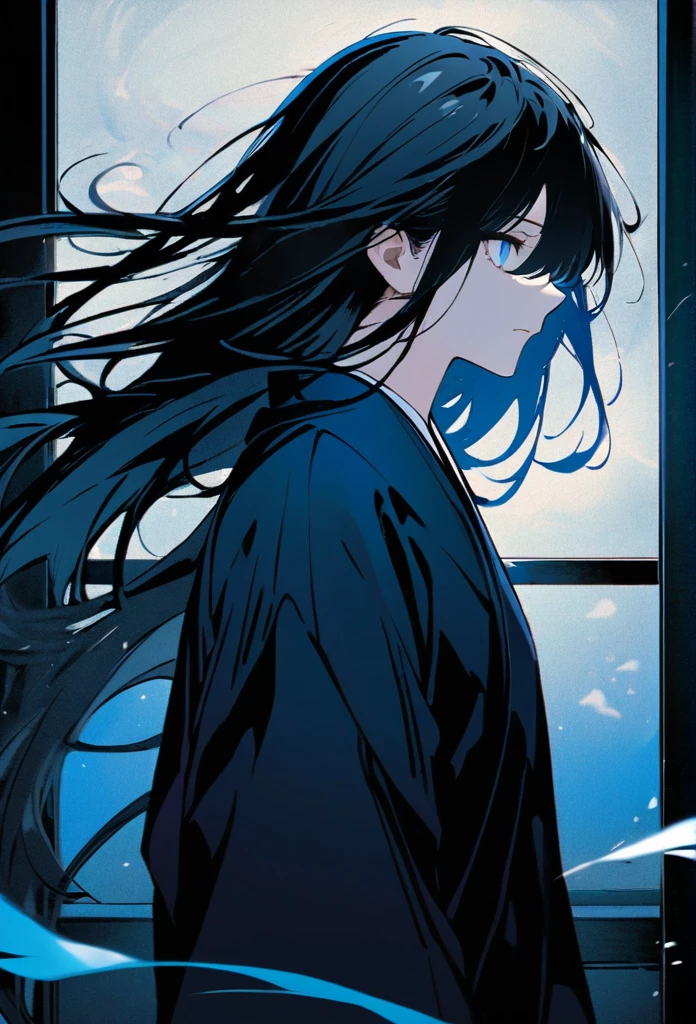 Japanese。male。Sharp Eye。Very long black hair。profile。Plain blue kimono(Dressed in kimono)。A strong wind blows my hair back。Cover your eyes with hair。The background is blue light。Stand up straight。An illustration。picture。