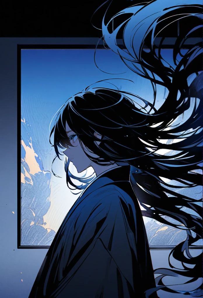Japanese。male。Sharp Eye。Very long black hair。profile。Plain blue kimono(Dressed in kimono)。A strong wind blows my hair back。Cover your eyes with hair。The background is blue light。Stand up straight。An illustration。picture。
