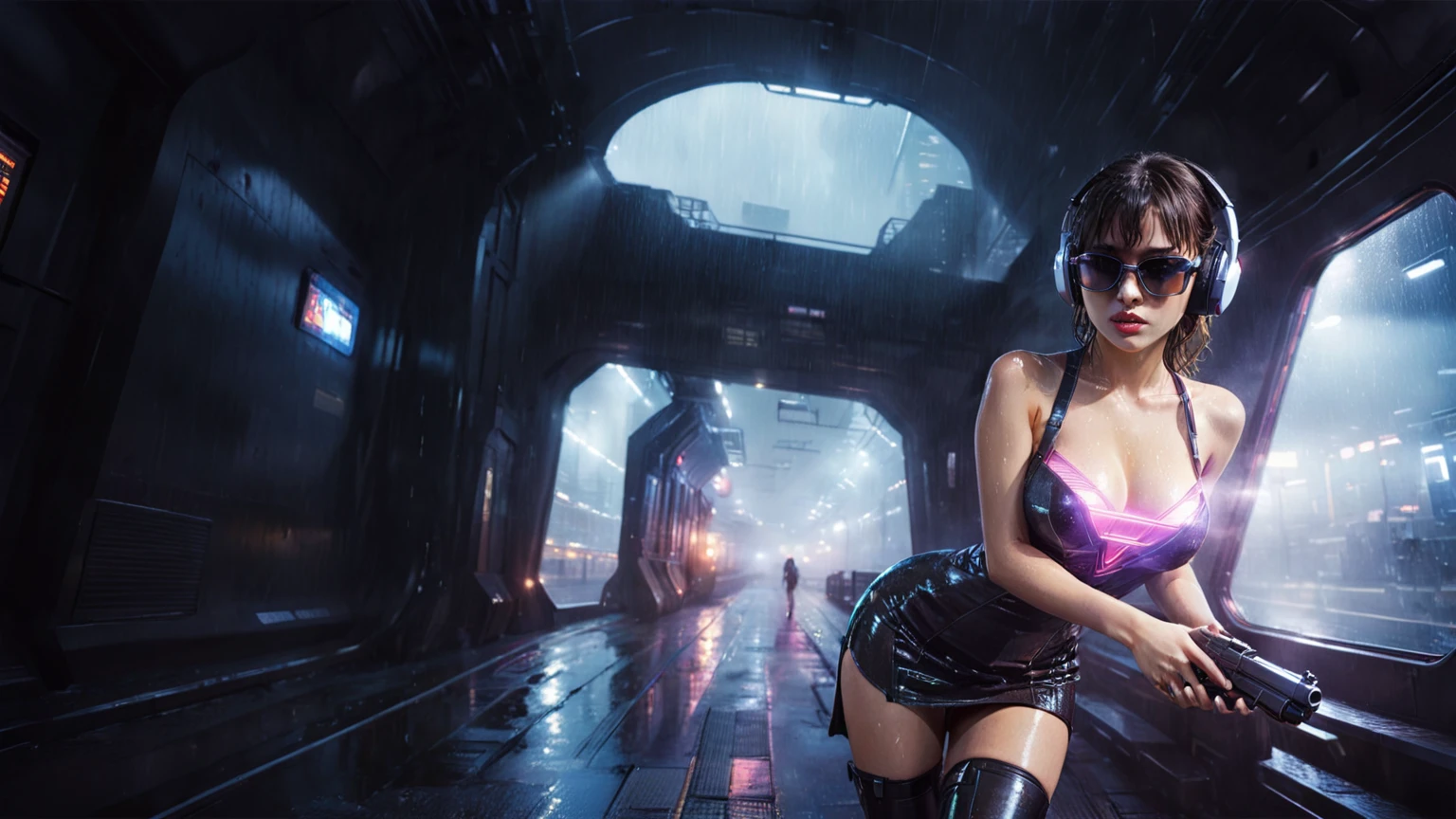 (((aerial view))), Blade Runner style futuristic railway platform, hi-tech train, neon lights, rainy night. (1girl, solo, alone), large-breast:1.2 slim body, cleavage:1.1, sexy wind blowing wet dress:1.4, headphone, (black sunglasses), (((she raised a pistol:1.8 and shot:1.8 the viewer))), dynamic pose, (((half-body thigh level medium shot))), cinematic lighting, lens flare, ray tracing, blurred:1.4 background.