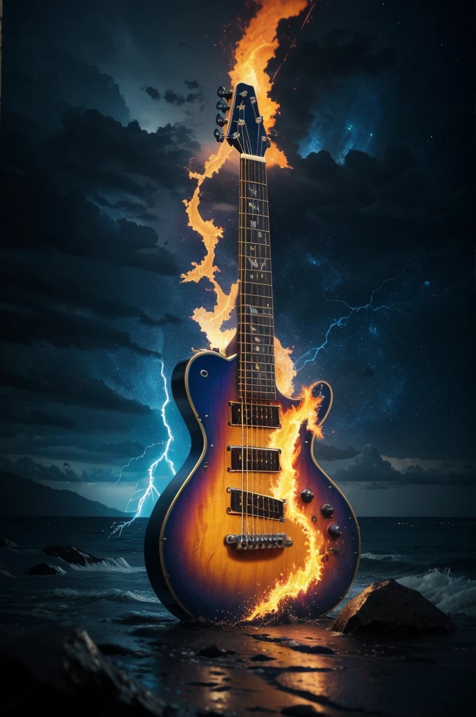 guitar, Eletric guitar, Detailed Realistic Eletric guitar, guitar Power, Surrealism, God's Sky, God's Power, God's Realm, clouds, Celestial Fire, powers, ilm, Fire Bolts, rivers of water, Water Falls, forst, Cedars, Highest Power, Photorealistic Nature, Beauthfull, Blue Thunder, fire azul, Realistic fire azul, realistic thunder, electrical screws, realistic detailed 8k, Realistic 16K detail, hard, Detailed realistic color, Detailed realistic thunder, fire azul Realistic 8K, Cores photorrealistic 8K, 8K detailed colors, Nitidez photorrealistic 8K, ULTRAHD Photorealism, Divine fire azul, Divine Electric Blue Thunder, Sombras photorrealistics 8K, Textura photorrealistic, naturals, heavens, heavenly, sky night, céu de Beauthfull, the night, majestic, majestic Sky, naturalsmente chic, thunders, Sky thunders, Divine thunder, linda, doradas, starlight, Heavenly Bolts, villany azul, Blue Screws, Rendering, photorrealistic, ultra high definition, 4K, detailed textures, thunder, detailed shadows, detailed colors, naturals linda, Great Divine, detailed contrast, realistic contrast, high resolution, detailed colors, realistic detailed 16K, 8K high definition, detailed contrast, realistic contrast, high resolution, detailed colors, fire, villany, realistic detailed, chic, 