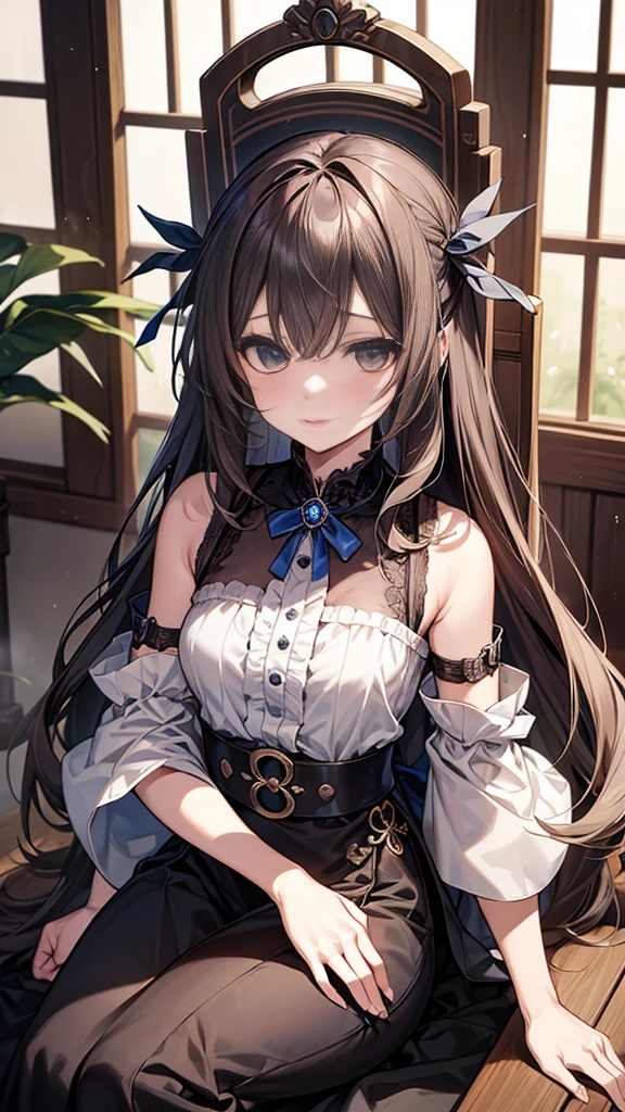 ((Highest quality)), ((masterpiece)), (detailed) Cowboy Shot, Small breasts 黒髪Long Hair {{{slitの入ったロングスカート}}} Contemporary mature adult woman sitting in chair formal{{{スレンダーなofficeレディ}}Exposing shoulders 深いslitの入った膝下スカート Long Hair {{{No sleeve}}}office {{{No sleeveボタンシャツ}}} belt slit watch Exposed arms