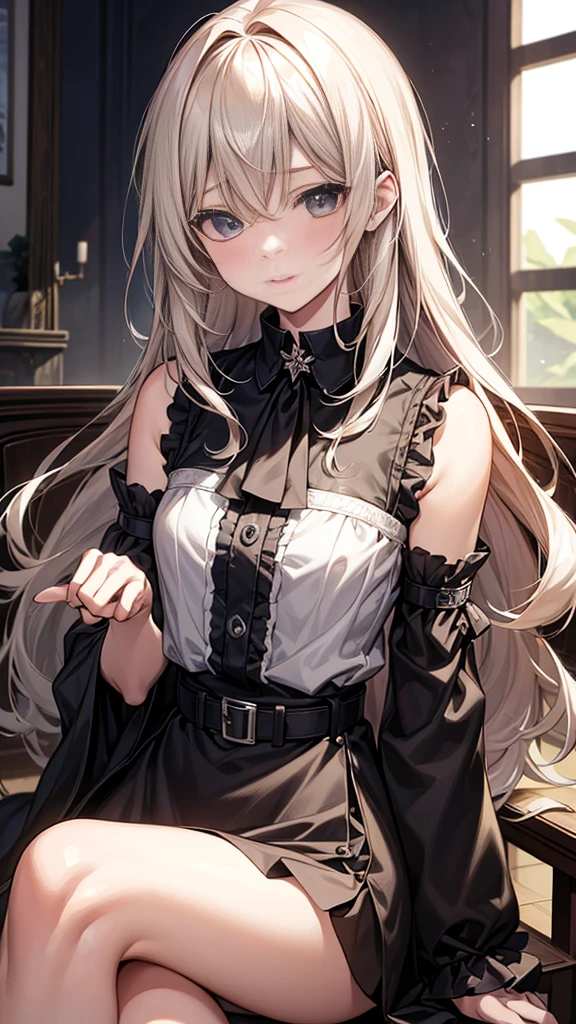 ((Highest quality)), ((masterpiece)), (detailed) Cowboy Shot, Small breasts 黒髪Long Hair {{{slitの入ったロングスカート}}} Contemporary mature adult woman sitting in chair formal{{{スレンダーなofficeレディ}}Exposing shoulders 深いslitの入った膝下スカート Long Hair {{{No sleeve}}}office {{{No sleeveボタンシャツ}}} belt slit watch Exposed arms