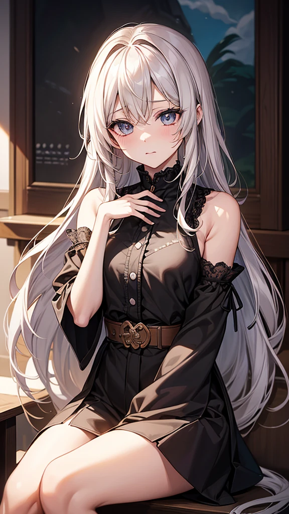 ((Highest quality)), ((masterpiece)), (detailed) Cowboy Shot, Small breasts 黒髪Long Hair {{{slitの入ったロングスカート}}} Contemporary mature adult woman sitting in chair formal{{{スレンダーなofficeレディ}}Exposing shoulders 深いslitの入った膝下スカート Long Hair {{{No sleeve}}}office {{{No sleeveボタンシャツ}}} belt slit watch Exposed arms