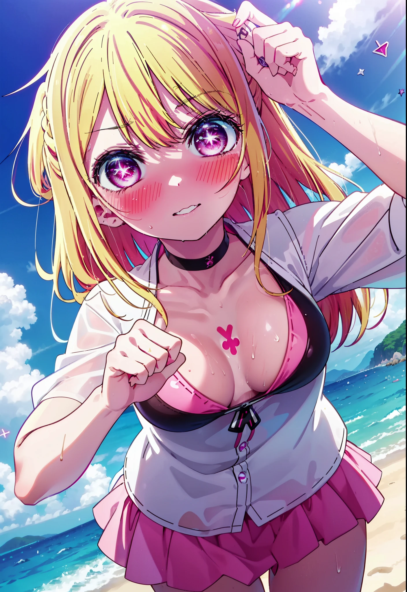 rubyhoshino, Ruby Hoshino, Long Hair, bangs, blonde, (Pink Eyes:1.3), (Symbol-shaped pupil:1.5), Multicolored Hair, smile,blush,Open your mouth,Two-tone hair, Bikini Swimwear,barefoot,Water Play,Wet Hair,Wet Skin,Wet swimsuit,True Summer,Clear skies during the day,
break outdoors, Beach,
break looking at viewer, whole body, (Cowboy Shot:1. 5)
break (masterpiece:1.2), highest qualそれy, High resolution, unそれy 8k wallpaper, (shape:0.8), (Beautiful attention to detail:1.6), Highly detailed face, Perfect lighting, Highly detailed CG, (Perfect hands, Perfect Anatomy),
