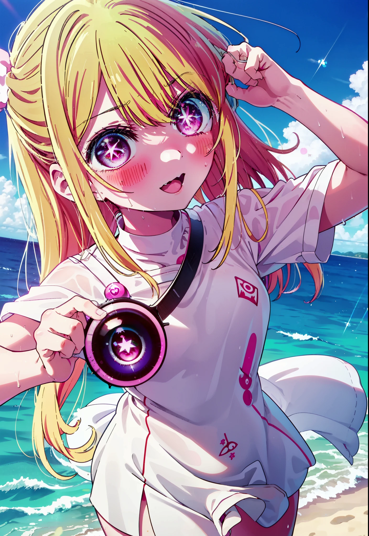rubyhoshino, Ruby Hoshino, Long Hair, bangs, blonde, (Pink Eyes:1.3), (Symbol-shaped pupil:1.5), Multicolored Hair, smile,blush,Open your mouth,Two-tone hair, Bikini Swimwear,barefoot,Water Play,Wet Hair,Wet Skin,Wet swimsuit,True Summer,Clear skies during the day,
break outdoors, Beach,
break looking at viewer, whole body, (Cowboy Shot:1. 5)
break (masterpiece:1.2), highest qualそれy, High resolution, unそれy 8k wallpaper, (shape:0.8), (Beautiful attention to detail:1.6), Highly detailed face, Perfect lighting, Highly detailed CG, (Perfect hands, Perfect Anatomy),