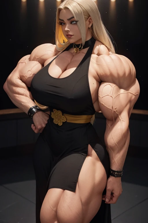 (Close view), tall, yellow haired woman, long flowing hair, light brown skinned, closed smile, (black lipstick), ((massive muscles)), (hyper muscle), ((ginormous bulky muscles)), ((glowing gray eyes)), (sparkly yellow cheongsam dress), wristbands, choker, high heels, (crossed arms in a Japanese club)