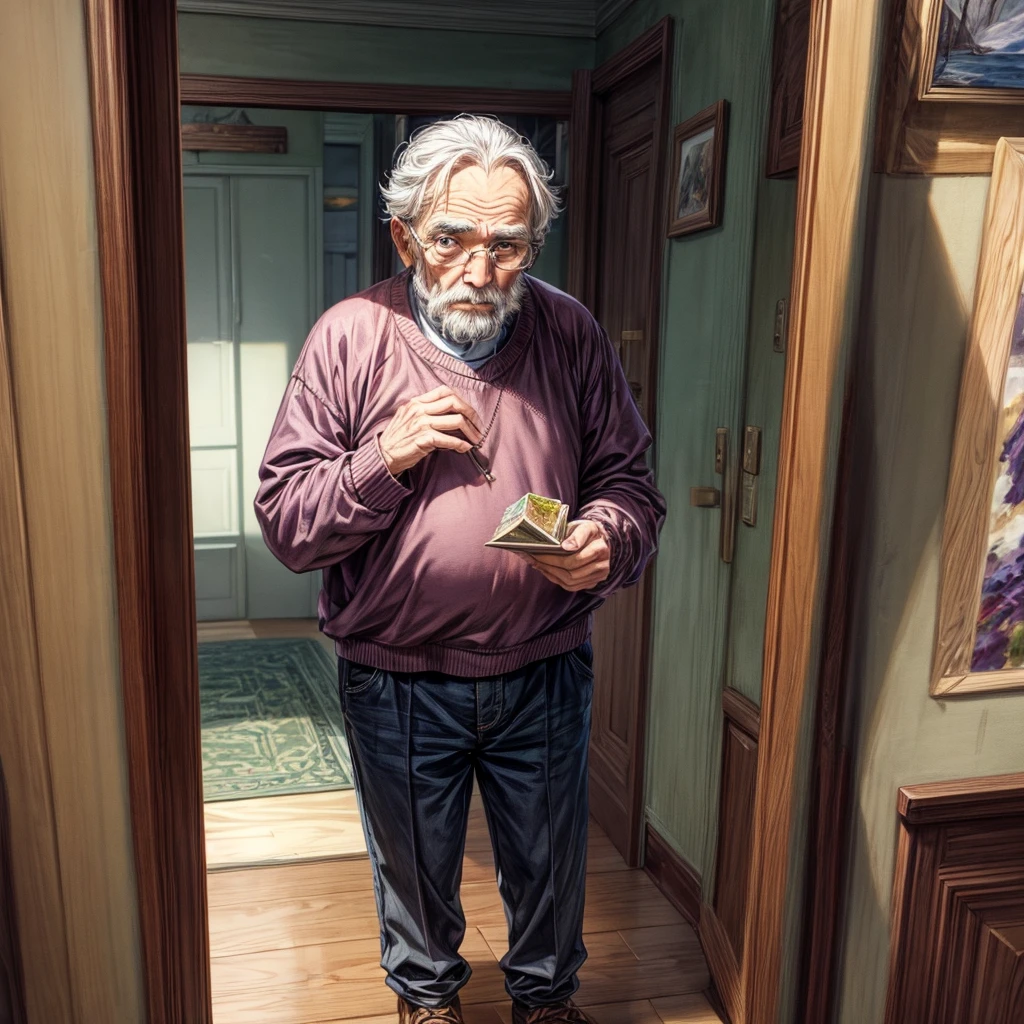 Old man notices that a has entered his premises and is looking at his paintings in wonder