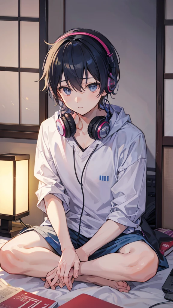 A boy studying in his room while listening to music with headphones。Warm lighting。Outside the room is Tokyo at night。Japanese anime style。

