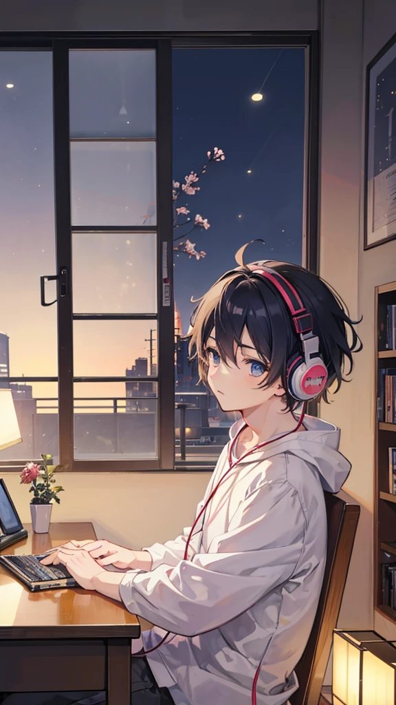 A boy studying in his room while listening to music with headphones。Warm lighting。Outside the room is Tokyo at night。Japanese anime style。
