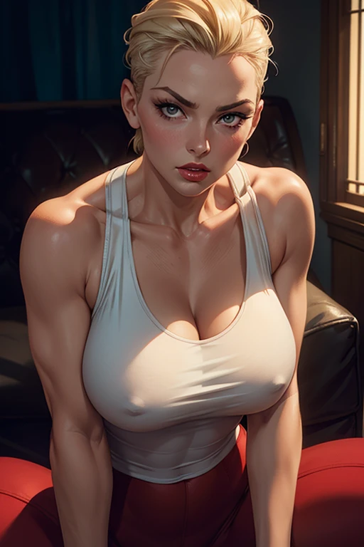 a beautiful woman with blonde short slicked-back hair, bold red lips, provocative expression, tight white tank top, very tight red cotton pants, practicing yoga, detailed facial features, large breasts, photorealistic, 8k, hyperdetailed, chiaroscuro lighting, cinematic composition, elegant, sensual, high-fashion, dramatic, stylized, moody