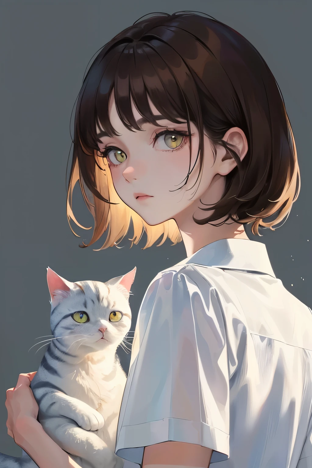 (jamaica colors))、(((White Cat)))、(((Expressionless)))、((1 person)),Masterpiece,best quality, ((Backlight))),Sandals ,((White shirt))、(()),determined expression, Upper body diagram、 (Highest Resolution、Clear_image)、Best Quality、Light and shadow contrast、((Backlight))、Very detailed、Semi-realistic、Short Hair Styles、Brown Hair、bangs、19 years old、 Young lady,,young、((View from top))、Delicate Facial Features