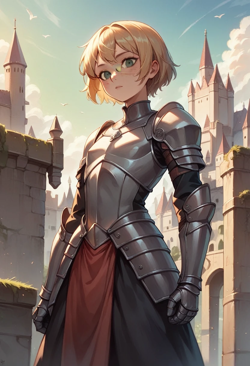 Illustration, detailed illustration, ultra detailed, best quality, dynamic angle, 1girl, lithe, flat chest, beautiful, short blonde hair, green eyes, light freckles, gray armor, castle
