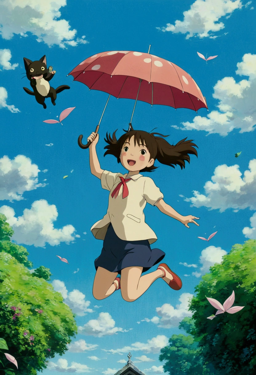 Ghibli summer 猫と空jump Holding an umbrella jump girl