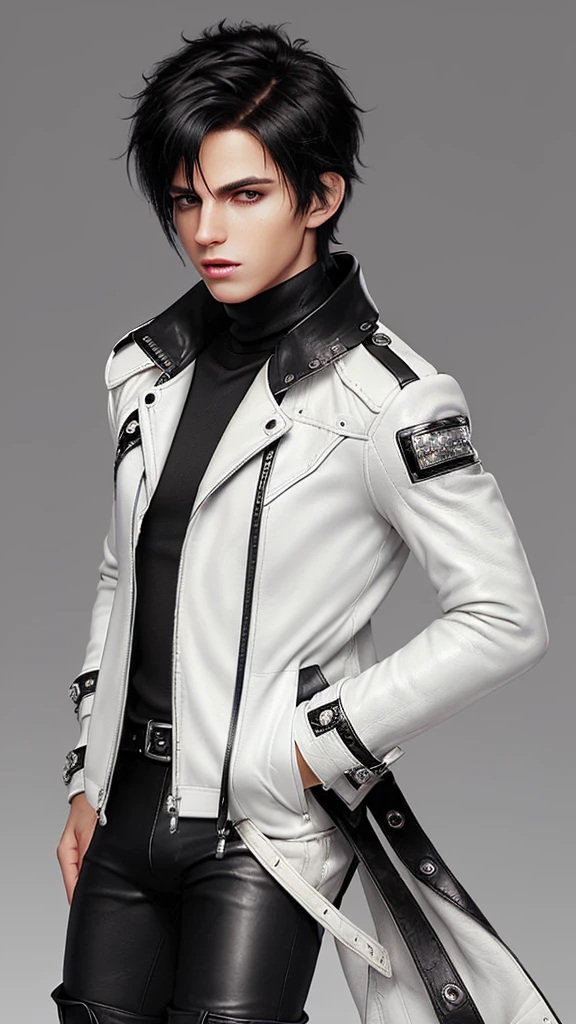 Final fantasy taste and reality graphics, Japanese young cute and cool ikemen  boy, his age is early 20s, thin eyebrows and beady eyes,  ((he wearing off white color leather  thick material jacket)), ((jacket is singlebrest)), ((biker style jacket)), ((with epaulet)), ((jacket is long sleeve)), ((must close the front of the leather jacket)), , ((voluminous leather jacket)), ,((must jacket is high length and stand-up collar)) ((jacket collar with two belts)), ((jacket is a little black color line pattern)),((close the front of the jacket)), ((also wearing black thick material turtleneck lackluster shirts)),  ((tight black leather pants)),  ((put black leather tight and thin glove on both hands)), ((black leather knee-high raceup boots)),((must views  head-to-toe)),((must views whole body)), ,((Do not show skin from the neck down)),leather jacket leather glove and leather pants have few wrinkles, Avoid showing your innerwear,zip up jacket fastner.must put on a leather glove.
Bous face is expression of ecstasy.
Boy is black hair.boy looks like fashion model.
((Tape wrap gagged)),