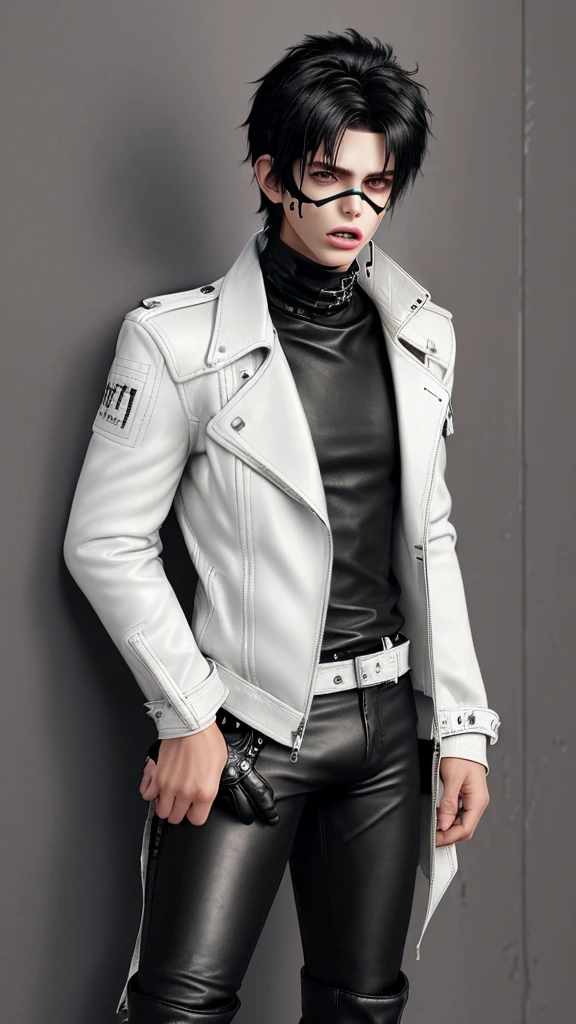 Final fantasy taste and reality graphics, Japanese young cute and cool ikemen  boy, his age is early 20s, thin eyebrows and beady eyes,  ((he wearing off white color leather  thick material jacket)), ((jacket is singlebrest)), ((biker style jacket)), ((with epaulet)), ((jacket is long sleeve)), ((must close the front of the leather jacket)), , ((voluminous leather jacket)), ,((must jacket is high length and stand-up collar)) ((jacket collar with two belts)), ((jacket is a little black color line pattern)),((close the front of the jacket)), ((also wearing black thick material turtleneck lackluster shirts)),  ((tight black leather pants)),  ((put black leather tight and thin glove on both hands)), ((black leather knee-high raceup boots)),((must views  head-to-toe)),((must views whole body)), ,((Do not show skin from the neck down)),leather jacket leather glove and leather pants have few wrinkles, Avoid showing your innerwear,zip up jacket fastner.must put on a leather glove.
Bous face is expression of ecstasy.
Boy is black hair.boy looks like fashion model.
((Tape wrap gagged)),