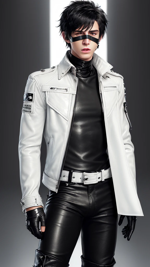 Final fantasy taste and reality graphics, Japanese young cute and cool ikemen  boy, his age is early 20s, thin eyebrows and beady eyes,  ((he wearing off white color leather  thick material jacket)), ((jacket is singlebrest)), ((biker style jacket)), ((with epaulet)), ((jacket is long sleeve)), ((must close the front of the leather jacket)), , ((voluminous leather jacket)), ,((must jacket is high length and stand-up collar)) ((jacket collar with two belts)), ((jacket is a little black color line pattern)),((close the front of the jacket)), ((also wearing black thick material turtleneck lackluster shirts)),  ((tight black leather pants)),  ((put black leather tight and thin glove on both hands)), ((black leather knee-high raceup boots)),((must views  head-to-toe)),((must views whole body)), ,((Do not show skin from the neck down)),leather jacket leather glove and leather pants have few wrinkles, Avoid showing your innerwear,zip up jacket fastner.must put on a leather glove.
Bous face is expression of ecstasy.
Boy is black hair.boy looks like fashion model.
((Tape wrap gagged)),