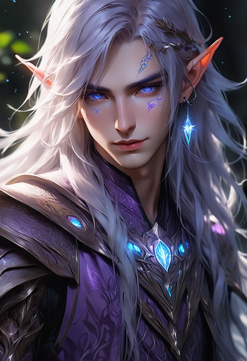 ethereal demonic 25 year old anime guy male druid, with metallic foil print deep purple long hair, delicate masterpieceintimate delicate etched glowing rune tattoos, winking, beautiful gorgeous elf ((male)) kissyface, perfect face, blue/black pastel eyes, long white wisp hair, freckles, piercings, foil print neonbody art, laboratory experiment, perfect anatomy, centered, almost perfect, dynamic, very detailed, glowing, artstation, concept art, soft and sharp focus, art by Carne Griffiths and Wadim Kashin, high-definition accent lighting, epic, elven atmosphere, contrasted with vibrant paint colors., futuristic cyborg in the year 2950,