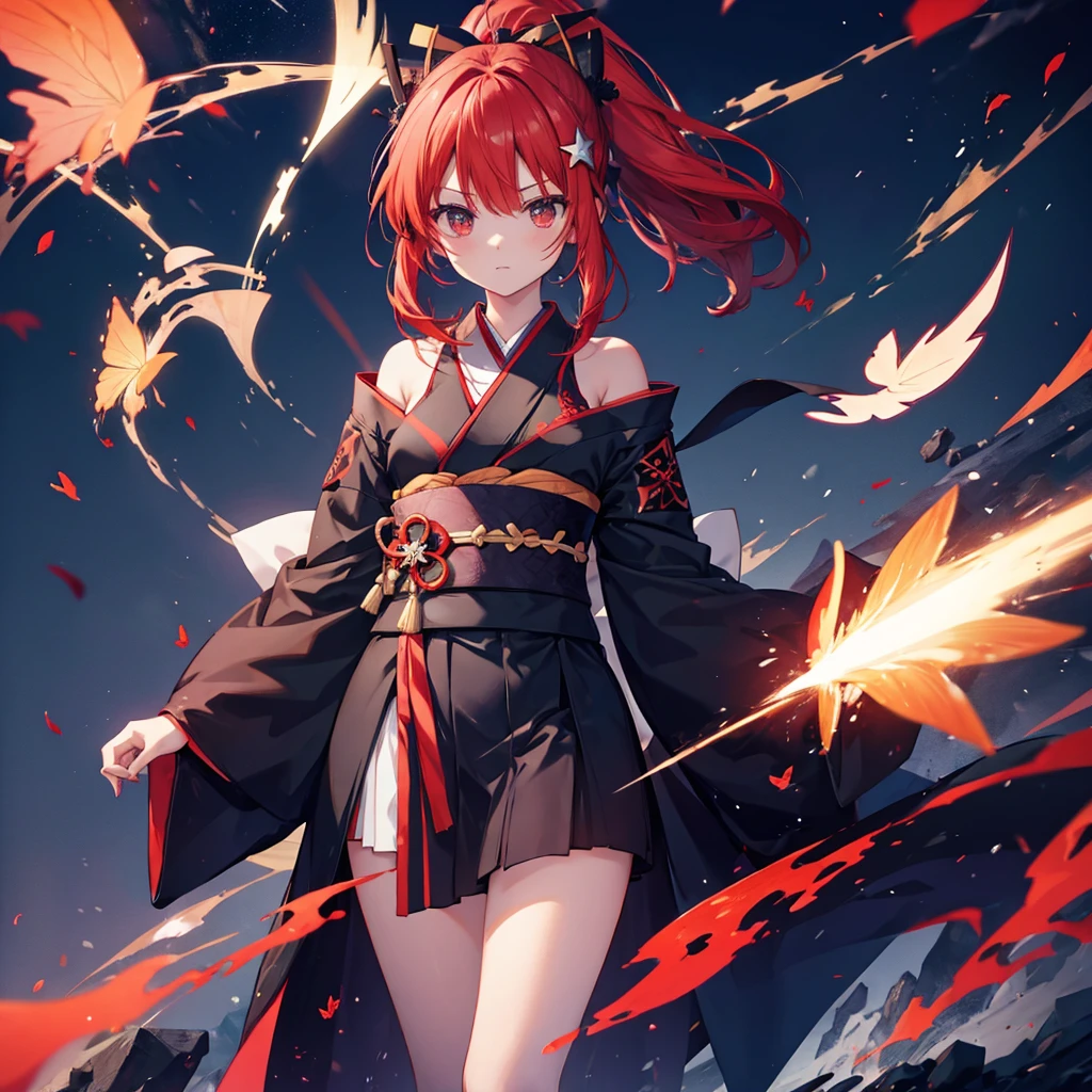 ((((Shuriken、throw 1 person)))) (((Redhead、ponytail Long Hair、Black kimono red band Goddess of victory))) ((Red butterfly night Japanese style shoulder old)) (moon star autumn) Shining Edges Shining Background