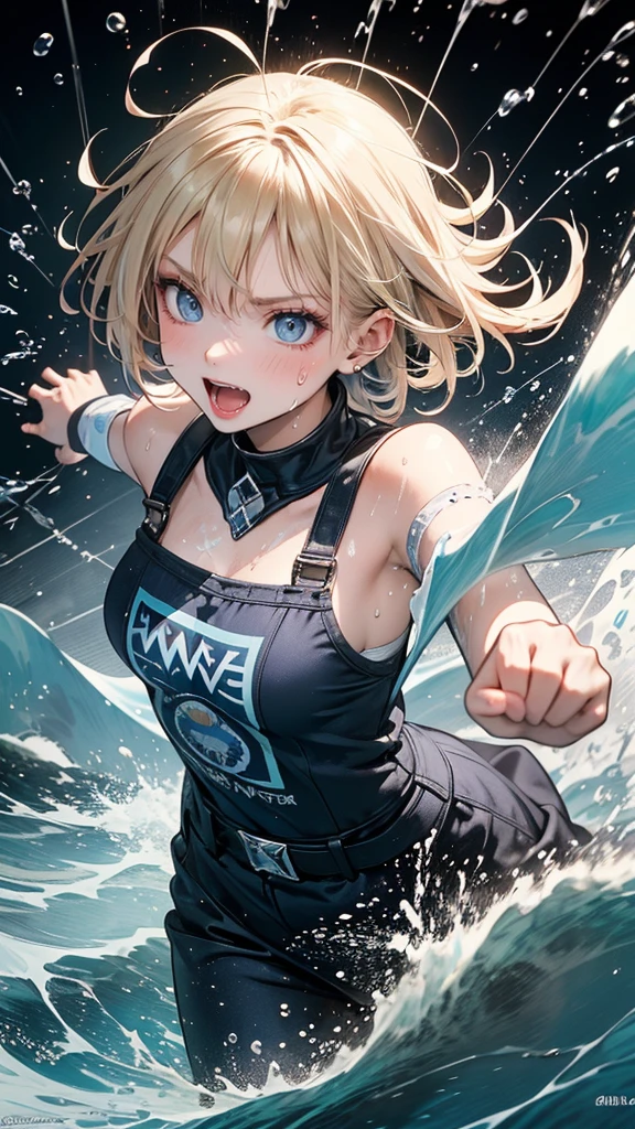 masterpiece, highest quality, (Dynamic pose:0.5), Absurd, One girl, Blonde, blue eyes, power ranger, Fighting Pose, Punch Water, (Attacks with a water shock wave:1.5), Wet clothes, Wet Hair, Wet Face, Waters, Multicolored Hair, (Wind:1.4)