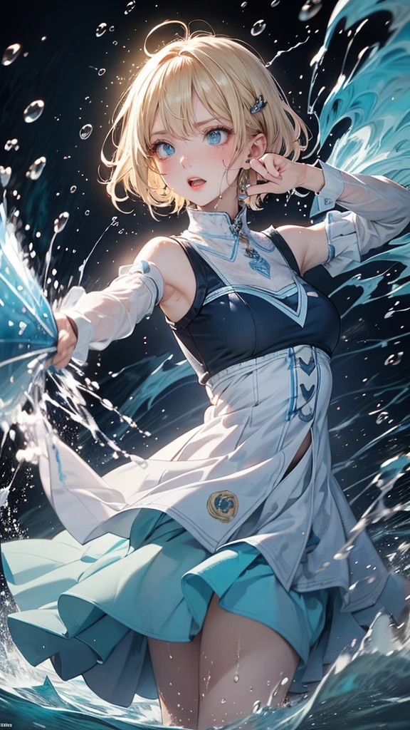 masterpiece, highest quality, (Dynamic pose:0.5), Absurd, One girl, Blonde, blue eyes, power ranger, Fighting Pose, Punch Water, (Attacks with a water shock wave:1.5), Wet clothes, Wet Hair, Wet Face, Waters, Multicolored Hair, (Wind:1.4)