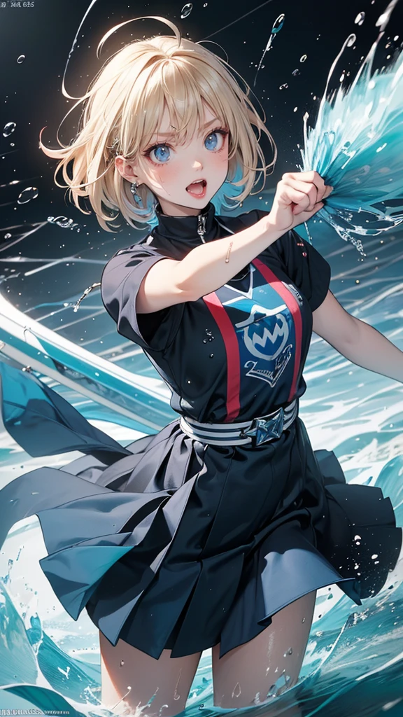 masterpiece, highest quality, (Dynamic pose:0.5), Absurd, One girl, Blonde, blue eyes, power ranger, Fighting Pose, Punch Water, (Attacks with a water shock wave:1.5), Wet clothes, Wet Hair, Wet Face, Waters, Multicolored Hair, (Wind:1.4)