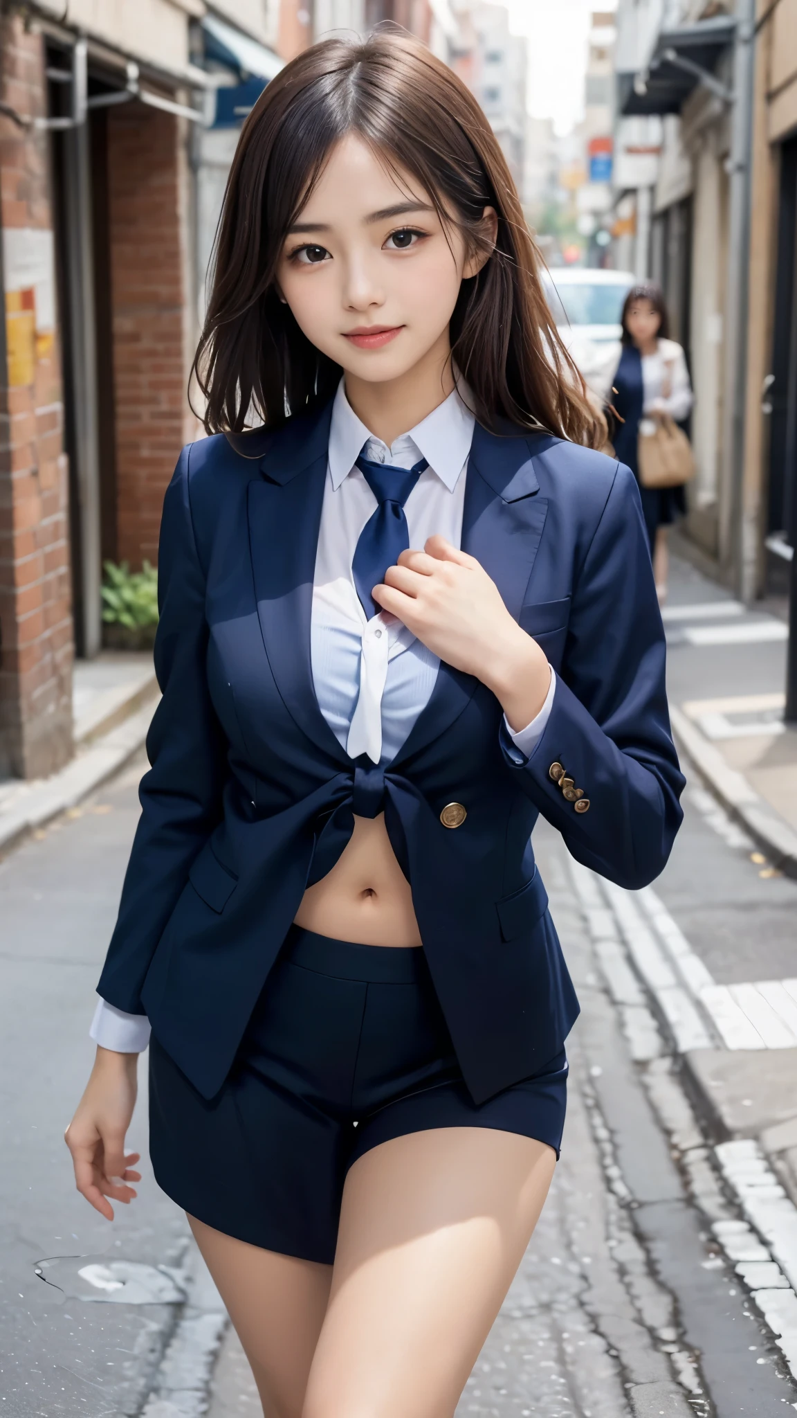 (((A beautiful girl walking down an alley in a neat navy blue suit:1.3))), (8k, RAW Photos, Highest quality, masterpiece:1.2), ((Beautiful girl alone)), Looking at the audience, Viewed from the front, Beautiful white skin, knees, Absurd face is small, Part your bangs down the middle, The forehead is visible, Glare, ((Cute mischievous face:1.3)), Ultra-high resolution, cute, (Slender body line), (Outstanding proportions), ((Office lady suit:1.4, Fancy tie:1.3)), high school girl, (Idolフェイス, Baby Face:1.65), Japanese women, Are standing, (Photorealistic:1.37), Photon Mapping, Realistic, cute顔が小さい, Brown eyes, prospect, Written boundary depth, Blurred Background, (I can see the bangs), Silky smooth hair, (Firm stomach:1.3), (Beautiful and slim thighs:1.4), (Small beautiful butt:1.2), (Curved waist), thigh, Nogizaka idol, Idol, (Detailed hands:1.3, Accurate hands:1.3, Beautiful little hands of a girl:1.3), (Firm and beautiful breasts:1.3, Cleavage), Super quality, Low people, (Clear white skin, Skin with visible pores:1.2), (Focus on the face), Check and correct the garment construction, (Perfect Anatomy:1.3), (Detailed eyes and face:1.3, Professional photography techniques), (Adorable poses:1.2)