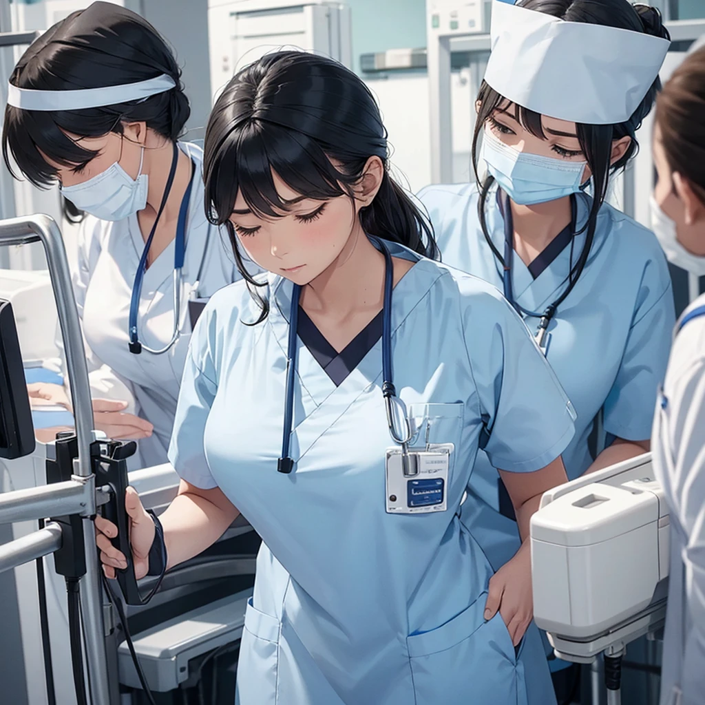 nursing aide,one girl,solo,blue or white scrubs,not wearing a hat or cap, I can't get my head out of the picture, Facing forward.