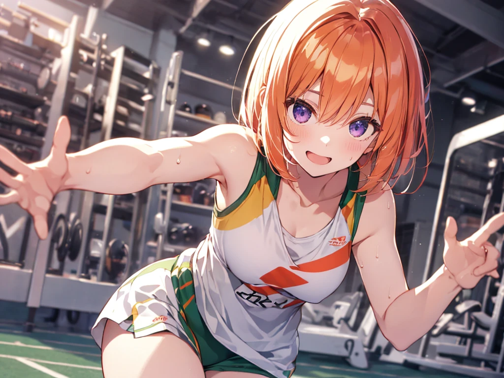 Woman running a marathon, Elf Ears, Training Gym, Highest quality, Best image quality,Perfect Anatomy,masterpiece,Ultra-detailed,beautiful,super high quality, Highest quality,High resolution, Very detailed,Game CG,Dutch Angle ,beautiful細部までこだわった目,Visual Arts,Five Fingers, Perfect hands,Hide your hands, {{{One Girl}}}, beautiful詳細な***, Game CG, One curl on the outside, Short Bob Hair, Pastel orange hair, Purple eyes, breast enhancement, Medium Shoot, woman, Take-out, Laughter, huge , Pastel green training wear, sportswear, {{{{{Wearing a pastel green tank top}}}}},Open your mouth, wonderful, beautiful細部までこだわった目, Highest quality, Very delicate,Masseter muscle area,Highest quality,(Official Art、Highest quality、Unity 8k wallpaper、32K、masterpiece、Ultra-detailed、超High resolution、Realistic、Photorealistic:1.2)、(Cinema Lighting:1.2)、Fire Glow Effect、The most grainy shadows on the film、Side light、Side Shot、(Ultra-detailedで複雑な3Dレンダリング)、Atelier Series,training, Sweat, Hot body, steam, athletic field