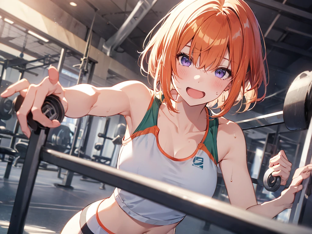 Woman running a marathon, Elf Ears, Training Gym, Highest quality, Best image quality,Perfect Anatomy,masterpiece,Ultra-detailed,beautiful,super high quality, Highest quality,High resolution, Very detailed,Game CG,Dutch Angle ,beautiful細部までこだわった目,Visual Arts,Five Fingers, Perfect hands,Hide your hands, {{{One Girl}}}, beautiful詳細な***, Game CG, One curl on the outside, Short Bob Hair, Pastel orange hair, Purple eyes, breast enhancement, Medium Shoot, woman, Take-out, Laughter, huge , Pastel green training wear, sportswear, {{{{{Wearing a pastel green tank top}}}}},Open your mouth, wonderful, beautiful細部までこだわった目, Highest quality, Very delicate,Masseter muscle area,Highest quality,(Official Art、Highest quality、Unity 8k wallpaper、32K、masterpiece、Ultra-detailed、超High resolution、Realistic、Photorealistic:1.2)、(Cinema Lighting:1.2)、Fire Glow Effect、The most grainy shadows on the film、Side light、Side Shot、(Ultra-detailedで複雑な3Dレンダリング)、Atelier Series,training, Sweat, Hot body, steam, athletic field