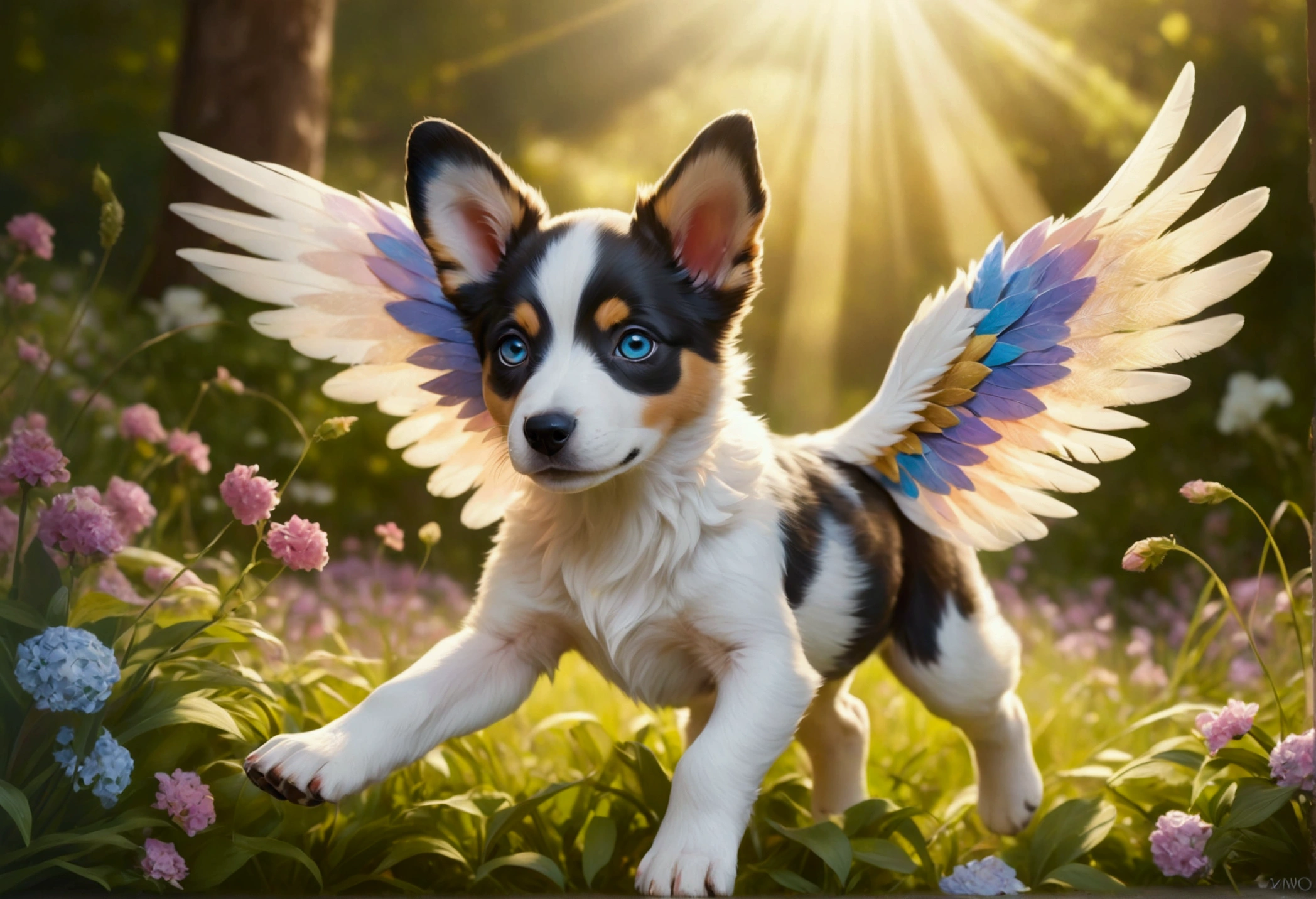 (Ultra detailed), a breathtaking and intricately crafted full-size portrait of a stunning female anthro flying puppy, punctuated by her vibrant fur and captivating eyes. The puppy's wings are a magnificent display of fine detail, each feather individually rendered and shimmering under the soft light. The setting is a serene and dreamlike scene, with the puppy soaring above a picturesque meadow, dappled with sunlight filtering through dainty flowers and leaves. The puppy's body is lean and athletic, with a playful and cheerful expression on her face. The portrait is rendered in a style that evokes a sense of whimsy