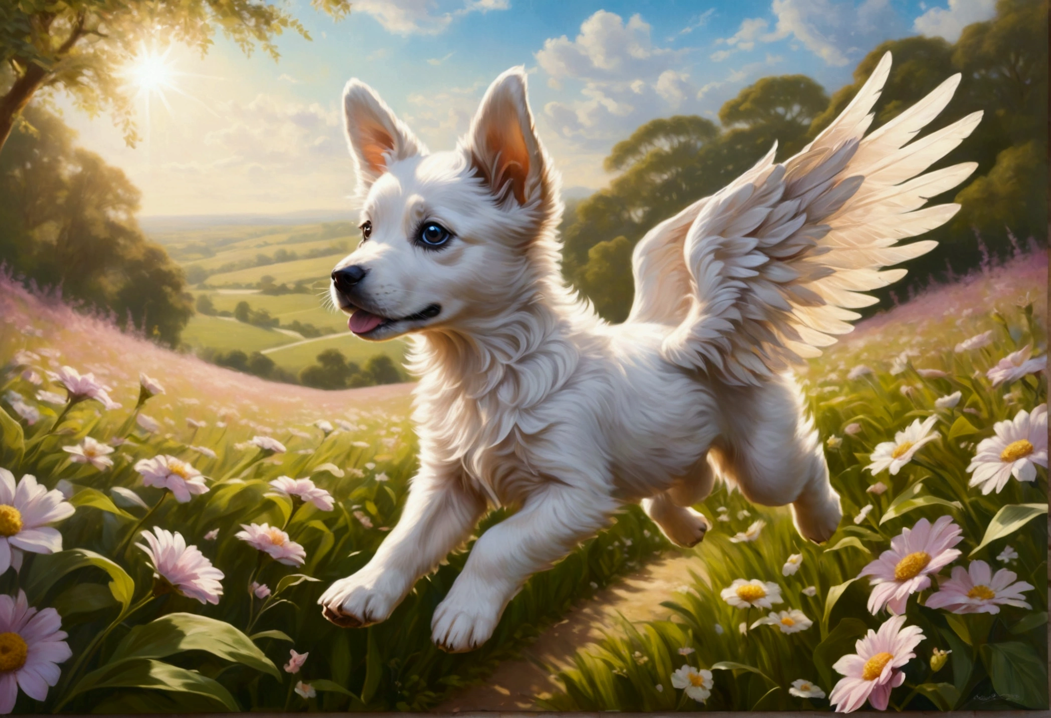 (Ultra detailed), a breathtaking and intricately crafted full-size portrait of a stunning female anthro flying puppy, punctuated by her vibrant fur and captivating eyes. The puppy's wings are a magnificent display of fine detail, each feather individually rendered and shimmering under the soft light. The setting is a serene and dreamlike scene, with the puppy soaring above a picturesque meadow, dappled with sunlight filtering through dainty flowers and leaves. The puppy's body is lean and athletic, with a playful and cheerful expression on her face. The portrait is rendered in a style that evokes a sense of whimsy