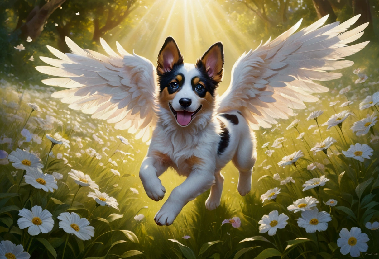 (Ultra detailed), a breathtaking and intricately crafted full-size portrait of a stunning female anthro flying puppy, punctuated by her vibrant fur and captivating eyes. The puppy's wings are a magnificent display of fine detail, each feather individually rendered and shimmering under the soft light. The setting is a serene and dreamlike scene, with the puppy soaring above a picturesque meadow, dappled with sunlight filtering through dainty flowers and leaves. The puppy's body is lean and athletic, with a playful and cheerful expression on her face. The portrait is rendered in a style that evokes a sense of whimsy