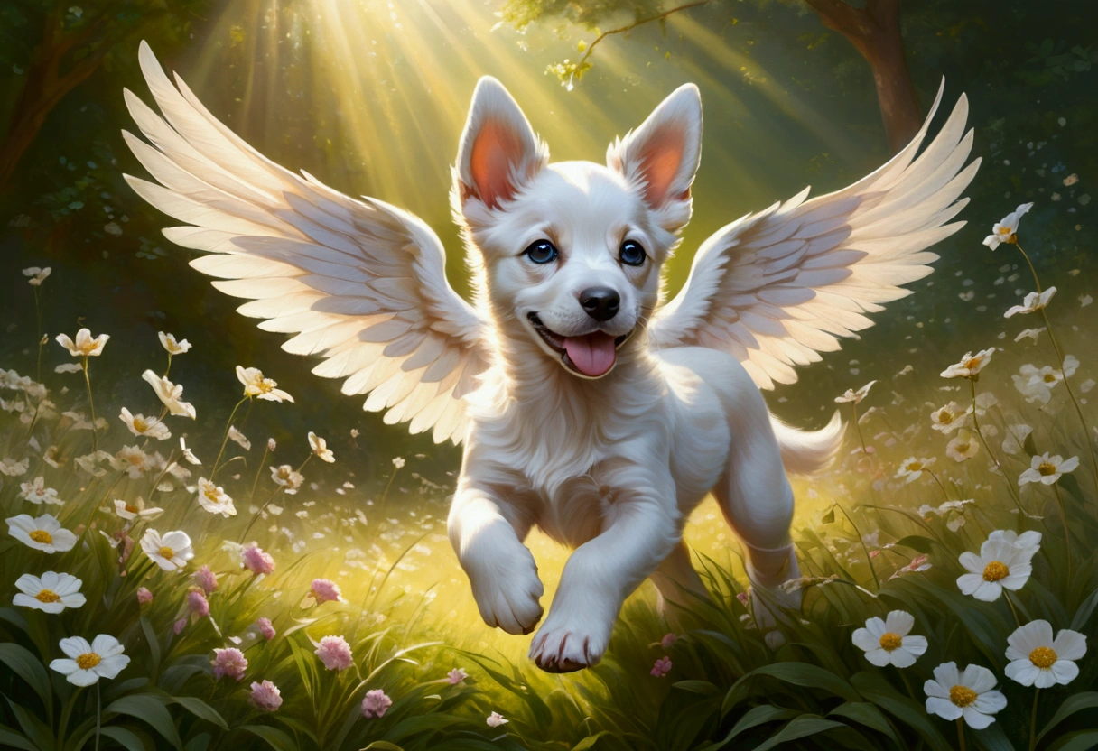 (Ultra detailed), a breathtaking and intricately crafted full-size portrait of a stunning female anthro flying puppy, punctuated by her vibrant fur and captivating eyes. The puppy's wings are a magnificent display of fine detail, each feather individually rendered and shimmering under the soft light. The setting is a serene and dreamlike scene, with the puppy soaring above a picturesque meadow, dappled with sunlight filtering through dainty flowers and leaves. The puppy's body is lean and athletic, with a playful and cheerful expression on her face. The portrait is rendered in a style that evokes a sense of whimsy