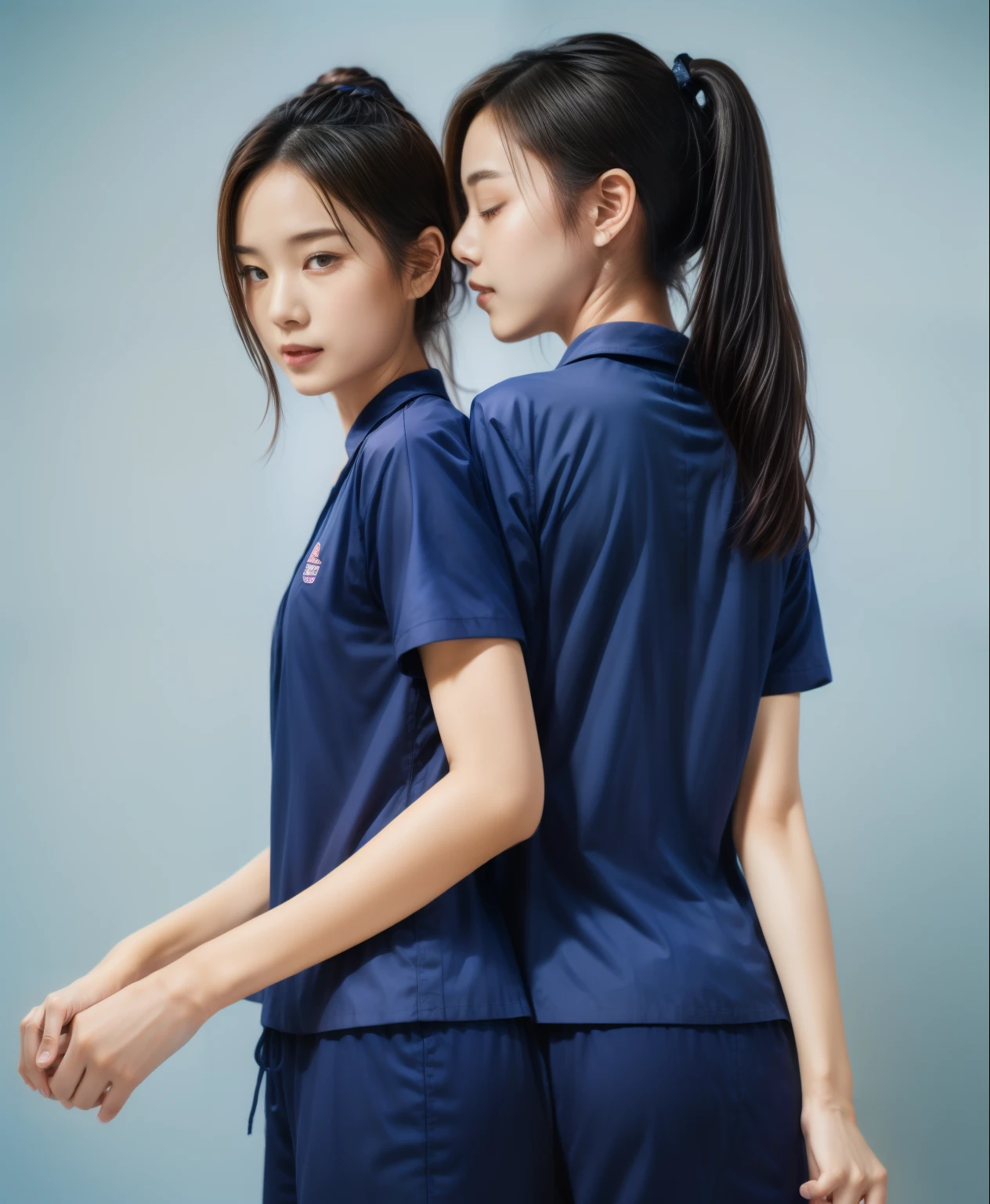 (best quality,10,10,height,Masterpiece:1.2),Special details,(realistic,ภาพrealistic,Realistic photos:1.37),1 Cute girl in the kitchen,shiny, ผิวshiny,only,smile softly,BDclothelue shirt:1.3)),short sleeve,shirt, กางเกงขาlong.,(navy_long_track pants:1.1), ((Kitchen Background)),Dynamic angle,excited,Face focus,dynamic poses,from behind,focus on ass,Masterpiece, best quality, ultra realistic, hyper detail, 8k resolution, raw photos, Sharp focus, ((Navy blue shirt:1.1)), short sleeve, เส้นทางlong, perfect body, 2 mature women, 18 years old, Cinema-grade lighting system,blue sweatpants,shirtผ้าออกกำลังกาย,correct anatomy,perfect body, correct body, Sharp face, correct bodyทางกายวิภาค, full body, realistic gestures, long-haired, realistic poses,Wear long shorts...........................,ช่วงขาlong,Good shape,carved girl, Slender figure, model, Good shape, beautiful body,blue sweatpants, two girls kissing