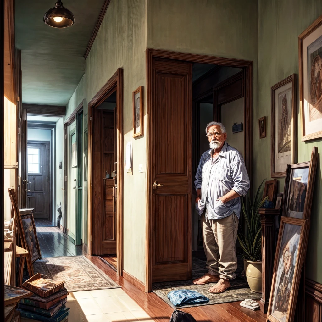 Old man notices that a  kid has entered his premises and is looking at his paintings in wonder