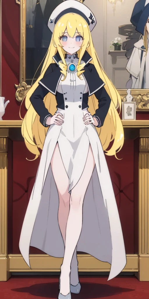 (4k, ultra high resolution, Prominence in Masterpiece, High Quality, Best Quality: 1.2) full body, 1 female, solo, 1girl, 1woman, lustful smirking smile blush, looking at viewer, sitting, blonde hair, long hair, (black jacket), beautiful and detailed face, detailed eyes, looking at the viewer (grey theme) close jacket (aesthetic clothing) hands on hips, wide hips, blonde long hair, blonde drill hair, blonde twin drills hair, blue wizard hat, Handcuffs on their hands, With a collar around the neck