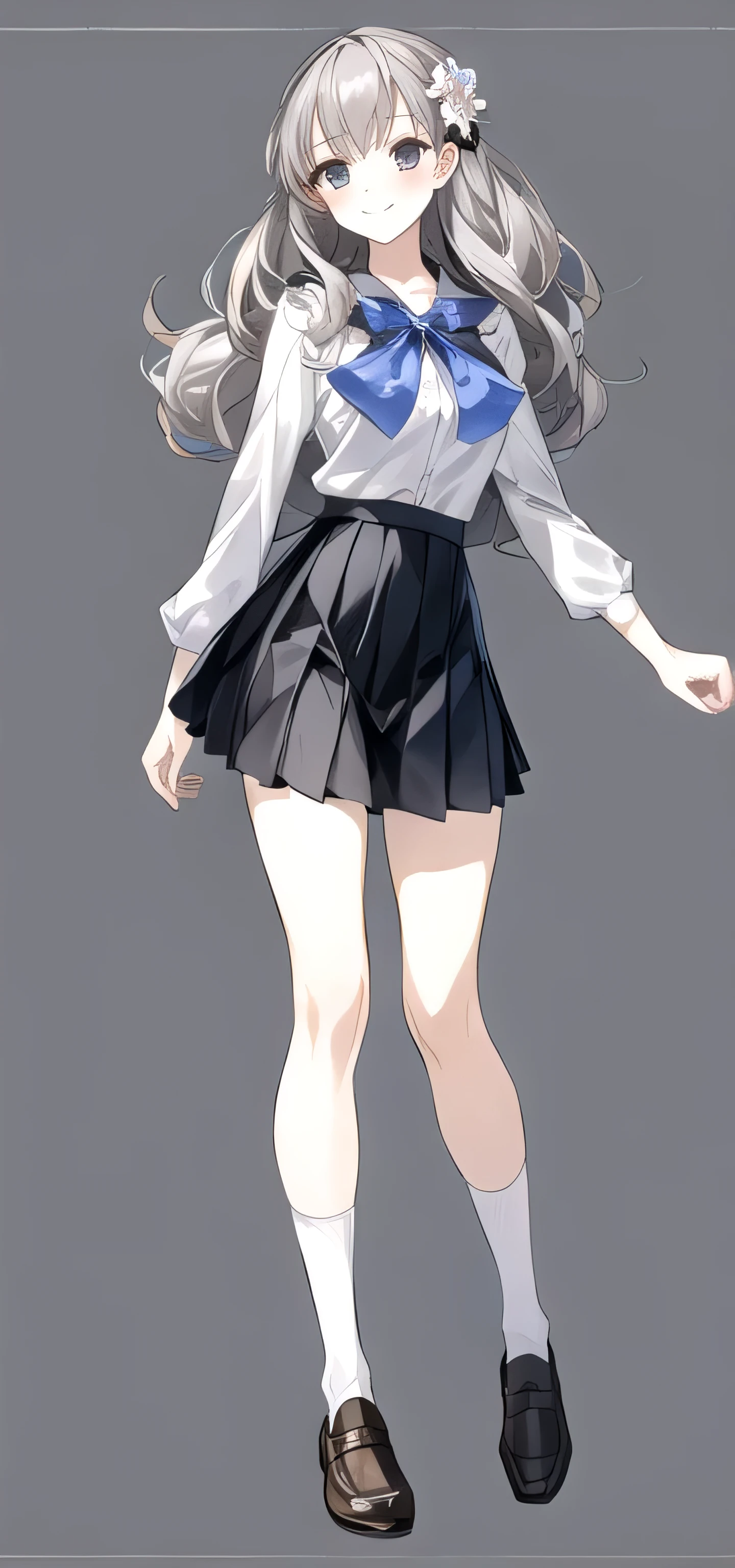 masterpiece, best quality,fuyusaka iori 1, 1girl, solo, hair flower, white shirt, short skirt, pleated skirt, black skirt, shoes, hair ornament, flower, long hair, full body, socks, gray hair, white flower, gray eyes, outline, looking at viewer, white background, middle breast, smile, shameful face, slander, standing, loafers, cowboy shot