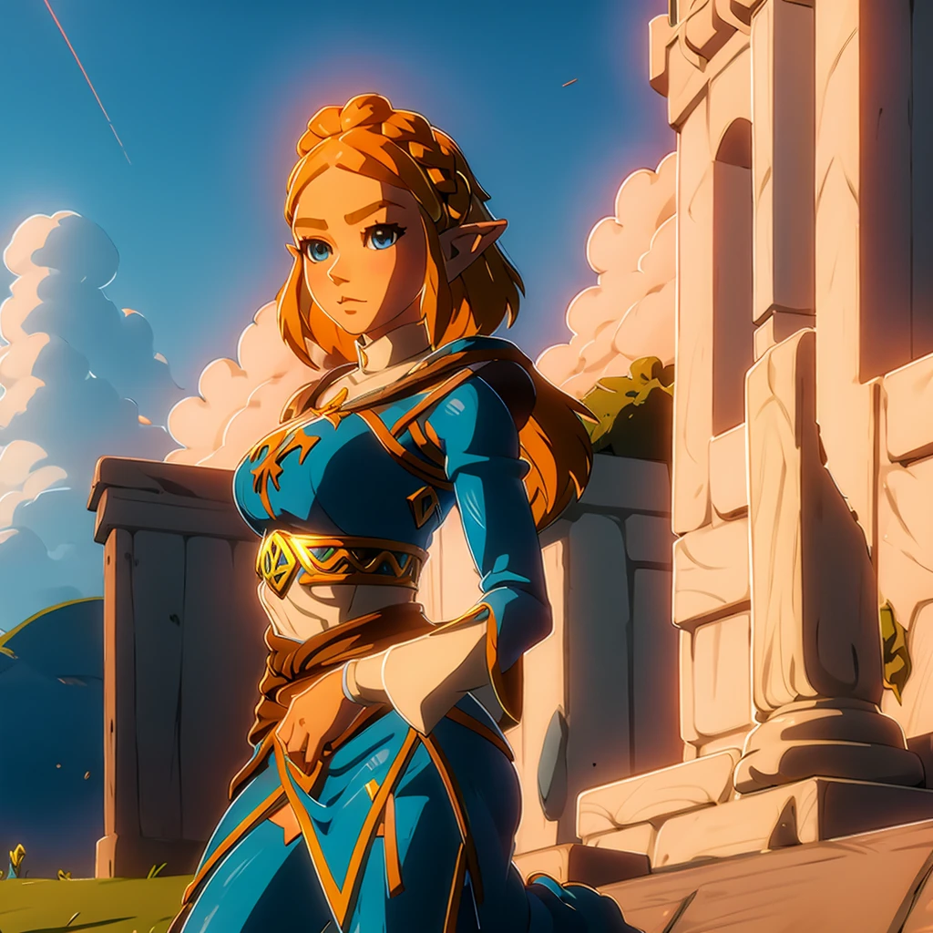 Anime girl. blonde hair. blue eyes. wind blown hair. evening. outdoors. nudity. medium breasts. kneeling. arms above head. sultry smile. Princess Zelda