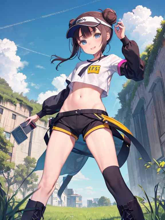 ro1, hair bun, blue eyes, twintails, visor cap,hip hang pantyhose, raglan sleeves, hip hang yellow shorts,(hip hang:1.2), (Low-rise:1.2),sexy pose, bewitching pose,(shirt,erect nipples:1.3,see-through:1.3),pink bow, wristWatch、Highest quality,smile、(flat chest:1.5)、barefoot、(full body:1.2)、Waterfront,river