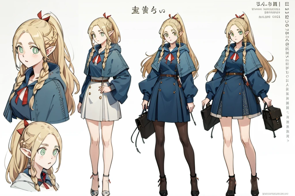 stockings,pantyhose,skirt,dress,white top,boots, fashionable clothing,(whole body,character design sheet,front,Back,side),long golden hair,single ponytail,Double tail,high ponytail,thick eyebrows, bust and waist,beautiful blonde,(masterpiece),((best quality)),(super detailed),(beautiful eyes beautiful details eyes,Clean and delicate face)