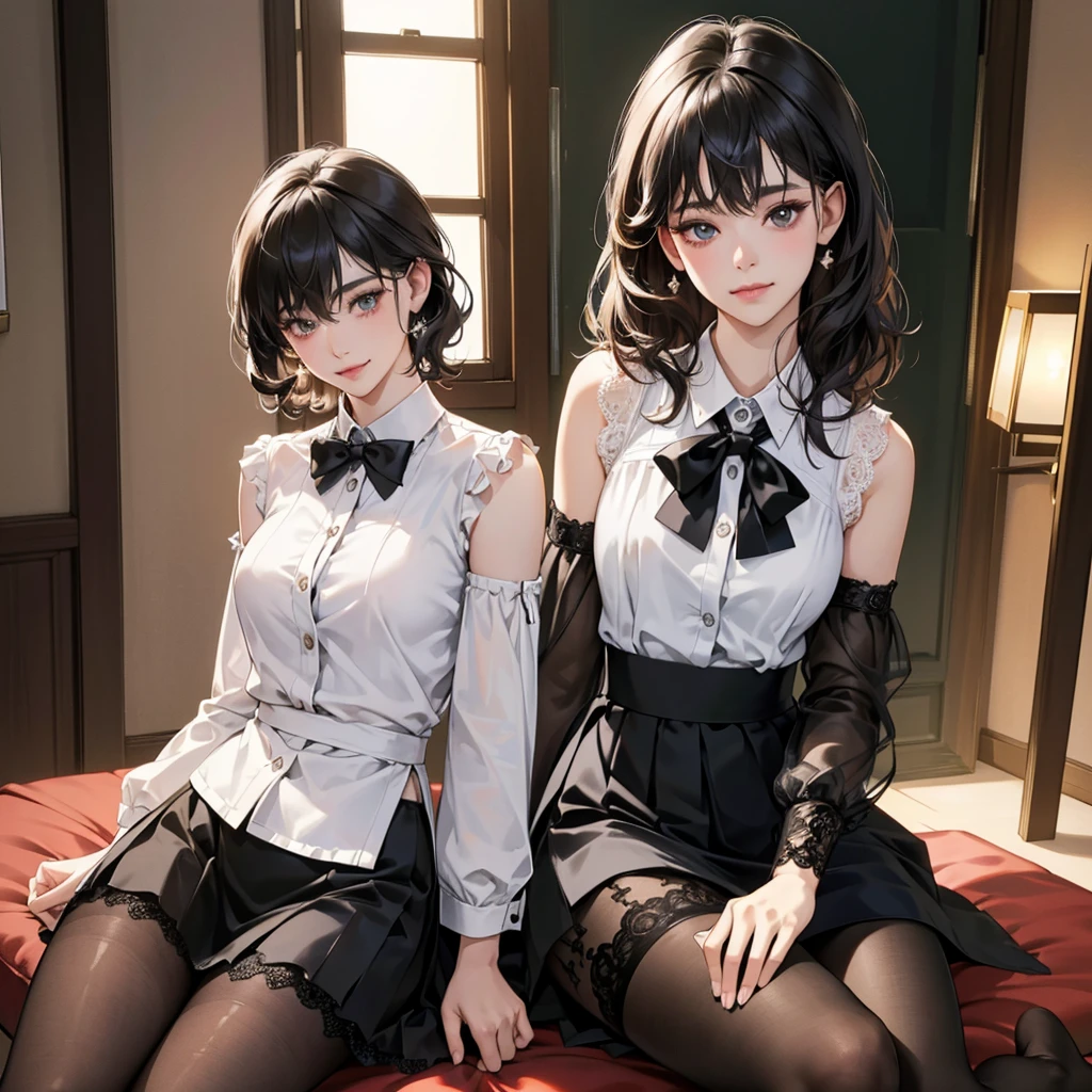 absurdres, RAW photo, extremely delicate and beautiful, masterpiece, Best Quality, ultra high resolution, 32k, hyperrealistic, ultra-detailed, delicate facial features, beautiful detailed woman, tearful mole, earring, medium breasts, (full body shot), medium hair, black hair, jiangshi, long skirt, 2 girls,