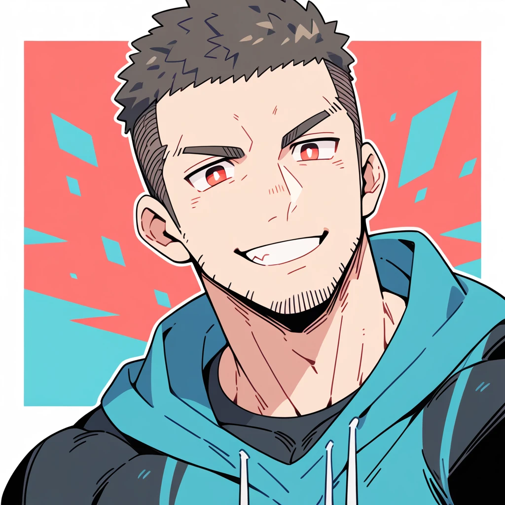 anime characters:Priapus, Muscle Sports Student, Buzz Cut, Manliness, male focus, Sports tight hooded sweatshirt, Wear a high-necked tights underneath, Very tight, full and perky chest muscles, muscular male, muscular, only, Upper body, alone, Red short hair, Thick eyebrows, stubble, Brown-red pupils, White background, simple background, amazing quality, best aesthetics, Ridiculous, crew cut, smirk, bright pupils, grin, negative space, negative space, best quality
