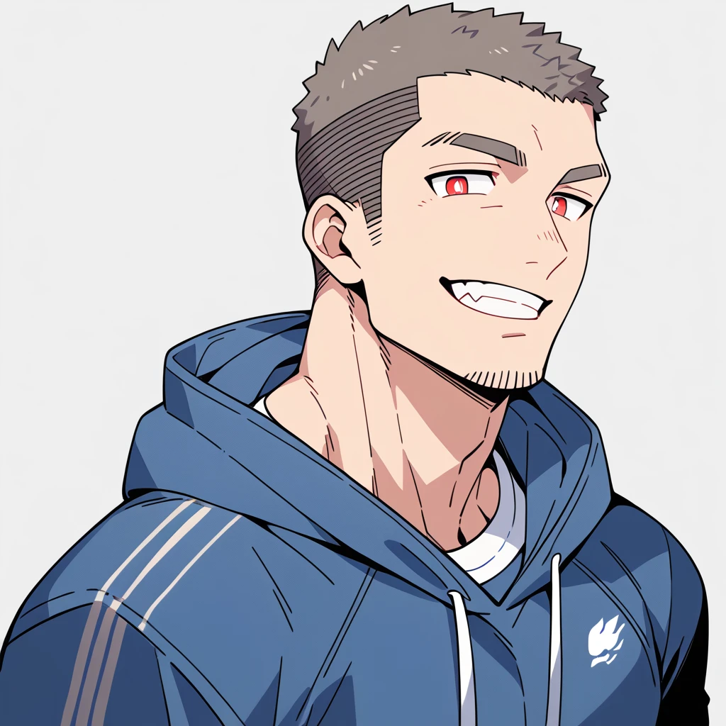 anime characters：Priapus, Muscle Sports Student, Buzz Cut, Manliness, male focus, Sports tight hooded sweatshirt, Wear a high-necked tights underneath, Very tight, full and perky chest muscles, muscular male, muscular, only, Upper body, alone, Red short hair, Thick eyebrows, stubble, Brown-red pupils, White background, simple background, amazing quality, best aesthetics, Ridiculous, crew cut, smirk, bright pupils, grin, negative space, negative space, best quality