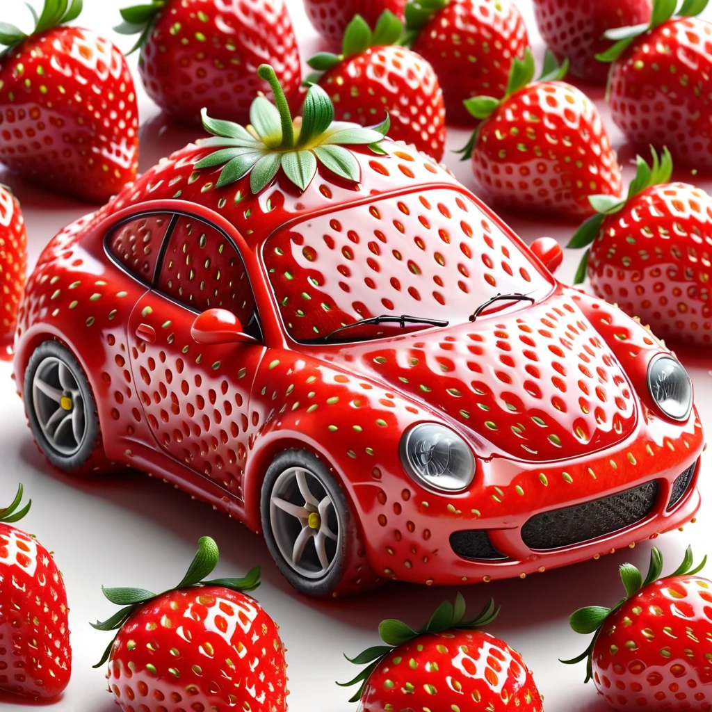 strawberry shaped like a  sport car , textured strawberry red skin, solo, very detailed, 4k, masterpiece, morph, subject, 8k, high quality, The surface of the strawberry is dotted with numerous small seeds and has a bright red color, which is typical for ripe strawberries, White Background,strwbrrxl, ral-strawberryjam
