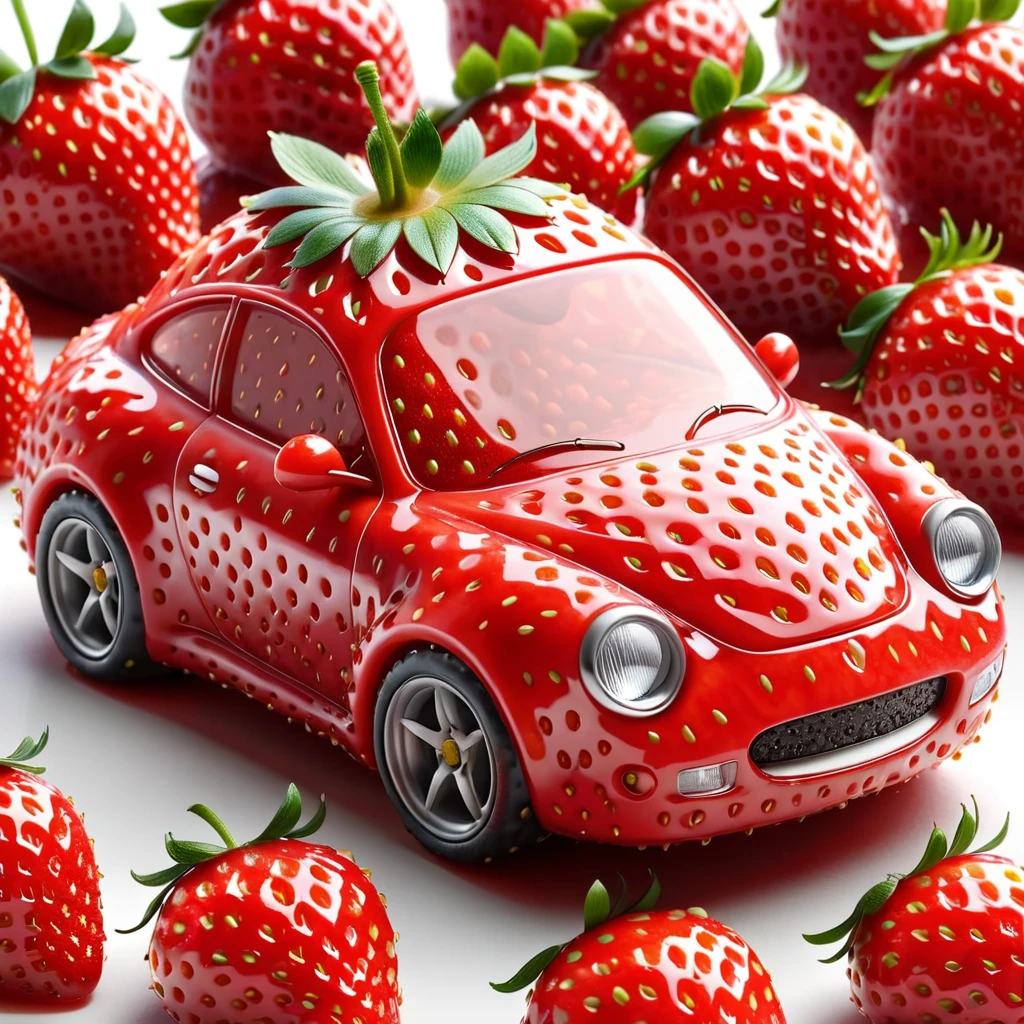 strawberry shaped like a  sport car , textured strawberry red skin, solo, very detailed, 4k, masterpiece, morph, subject, 8k, high quality, The surface of the strawberry is dotted with numerous small seeds and has a bright red color, which is typical for ripe strawberries, White Background,strwbrrxl, ral-strawberryjam
