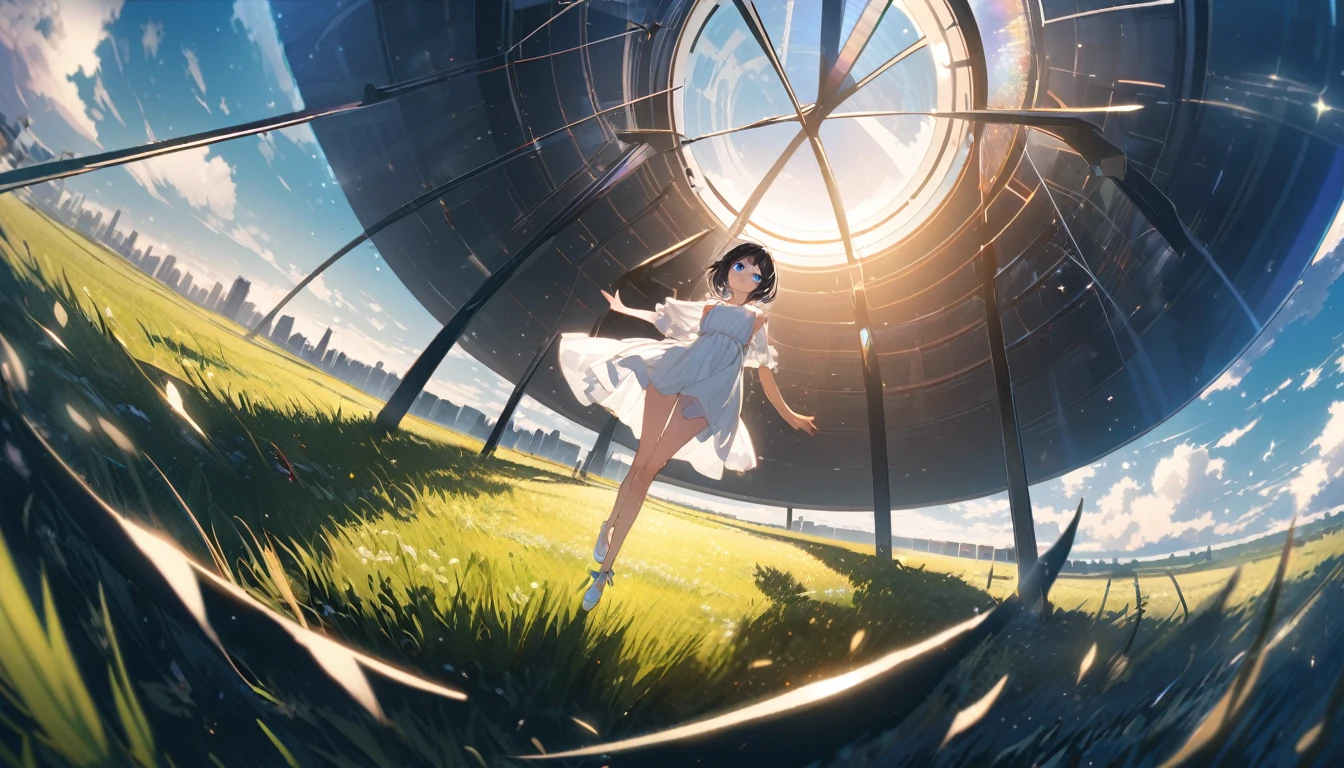 beautiful 1girl, solo, gentle smile on her face flat chest, short hair, black hair, beautiful blue eyes, Wide sky,the beautiful skyline,grass field,strong and dramatic imagery,Moving visuals,the high-hanging Polaris,Colorful natural light。delicate legs,Small white shoes,white dresses,ultra-wide-angle,short black hair,