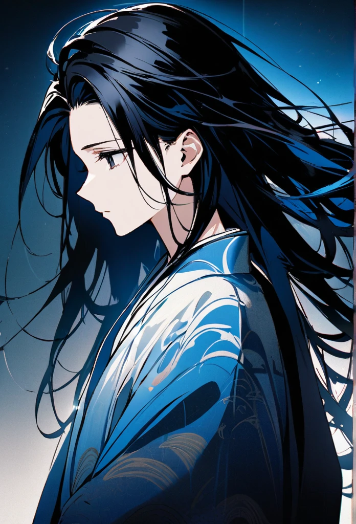 Japanese。male。Sharp black Eye。Very long black hair。profile。Plain blue kimono(Dressed in kimono)。A strong wind blows my hair back。Cover your eyes with hair。The background is blue light。Stand up straight。An illustration。picture。