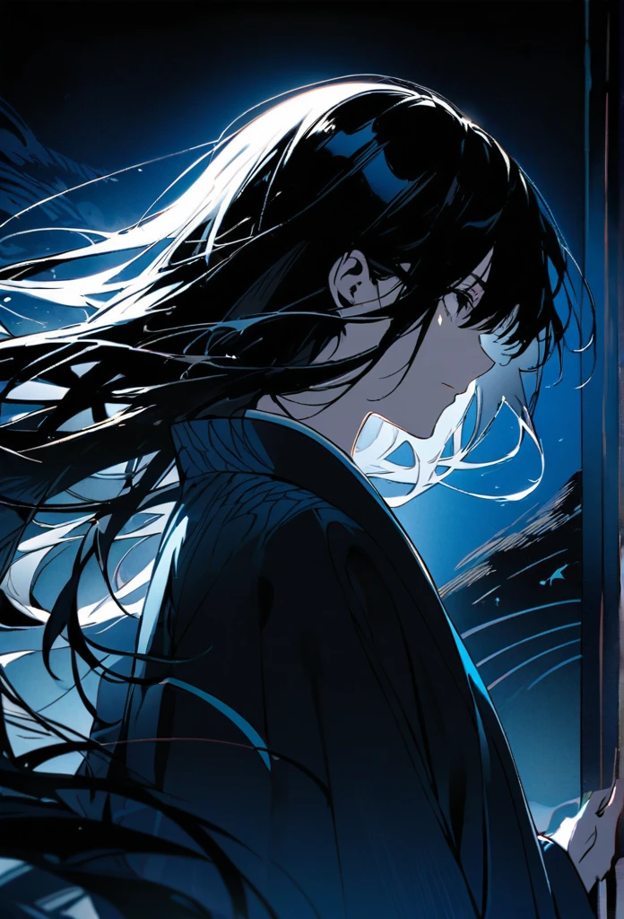 Japanese。male。Sharp black Eye。Very long black hair。profile。Plain blue kimono(Dressed in kimono)。A strong wind blows my hair back。Cover your eyes with hair。The background is blue light。Stand up straight。An illustration。picture。